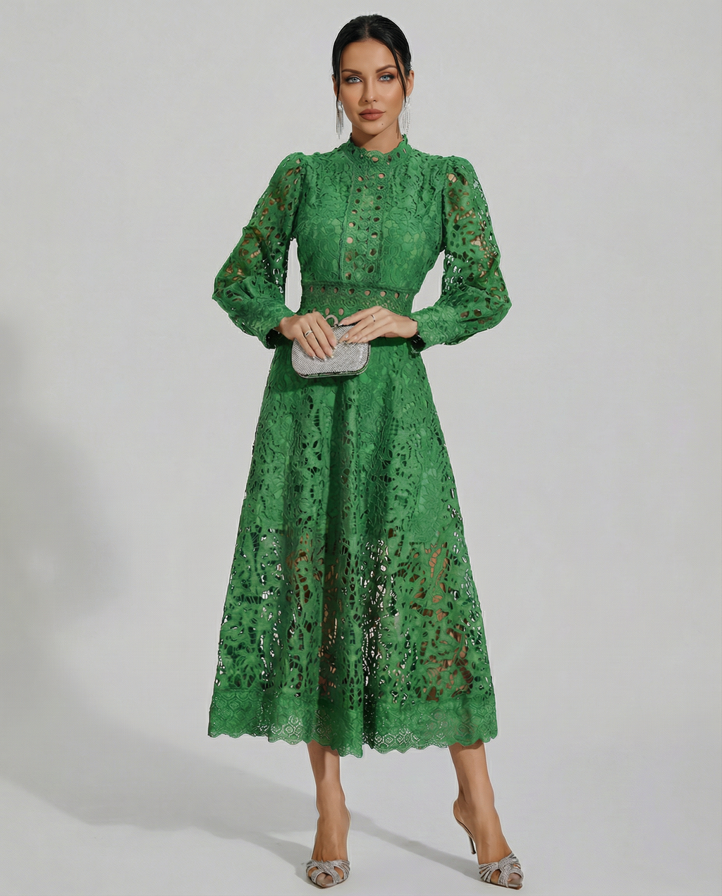 Ada Solid Lace High Neck Long Sleeve Midi Dress - Green
