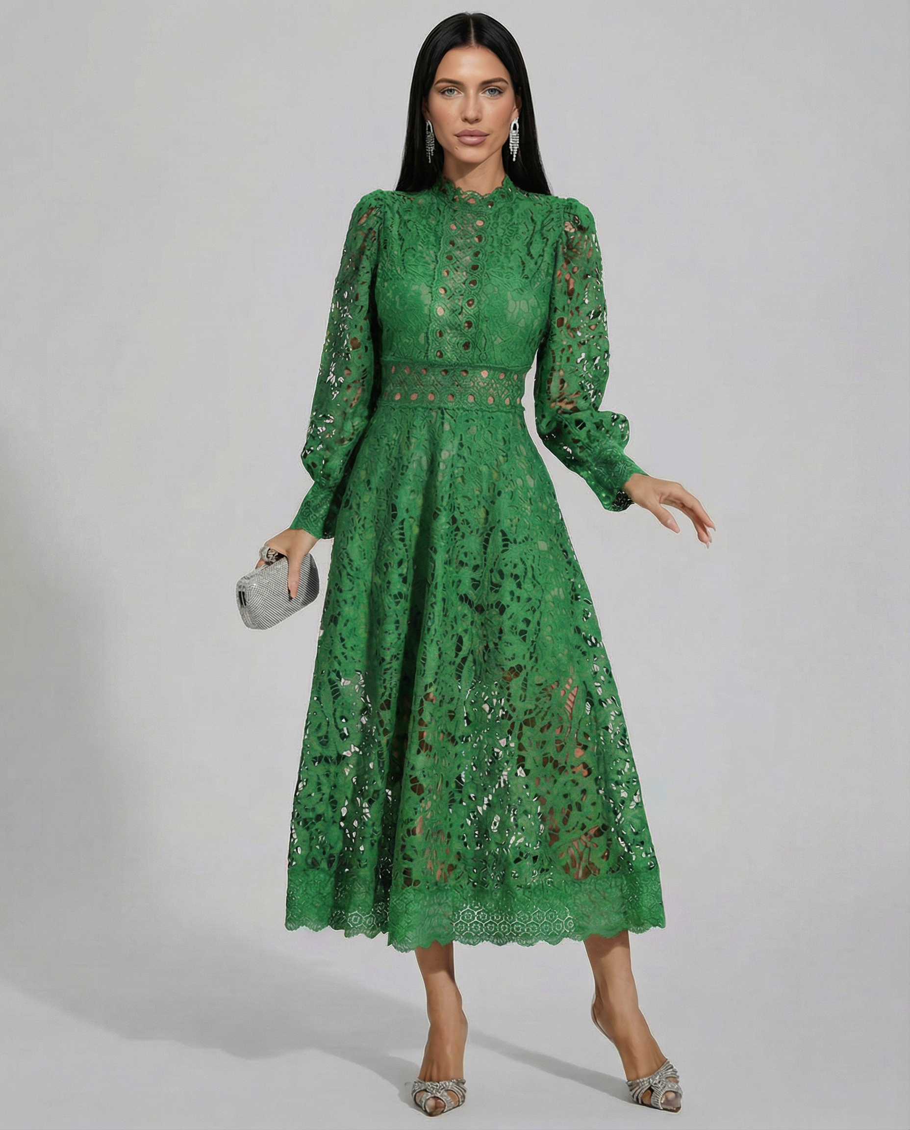 Ada Solid Lace High Neck Long Sleeve Midi Dress - Green