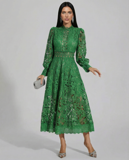 Ada Solid Lace High Neck Long Sleeve Midi Dress - Green