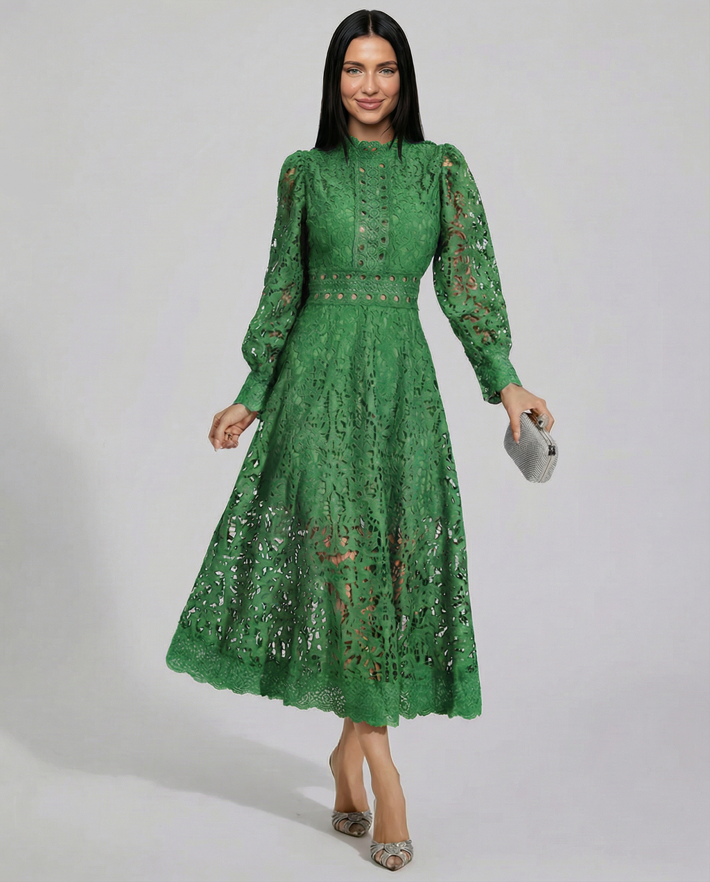 Ada Solid Lace High Neck Long Sleeve Midi Dress - Green