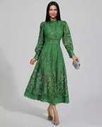 Ada Solid Lace High Neck Long Sleeve Midi Dress - Green