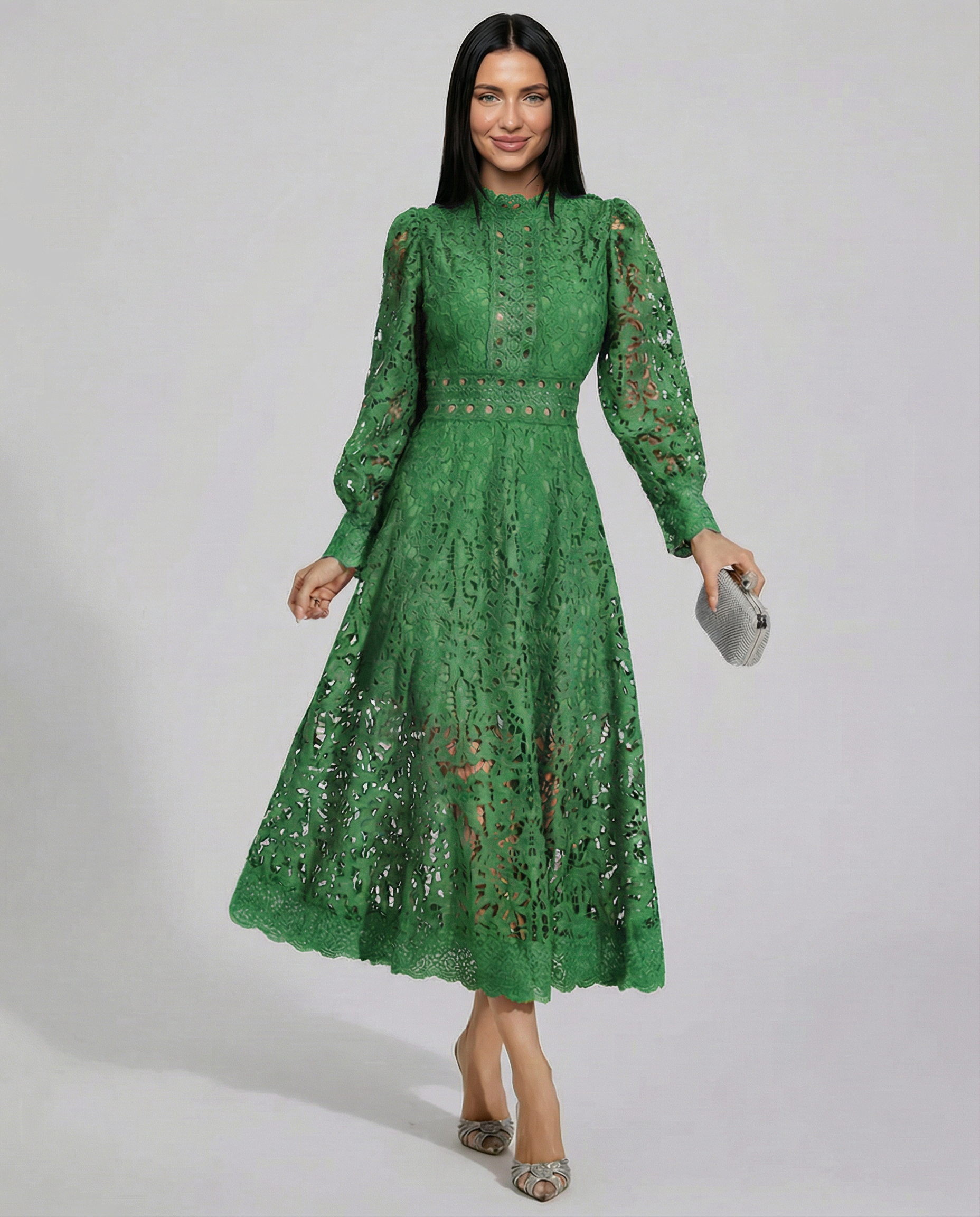 Ada Solid Lace High Neck Long Sleeve Midi Dress - Green