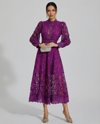 Ada Solid Lace High Neck Long Sleeve Midi Dress - Purple