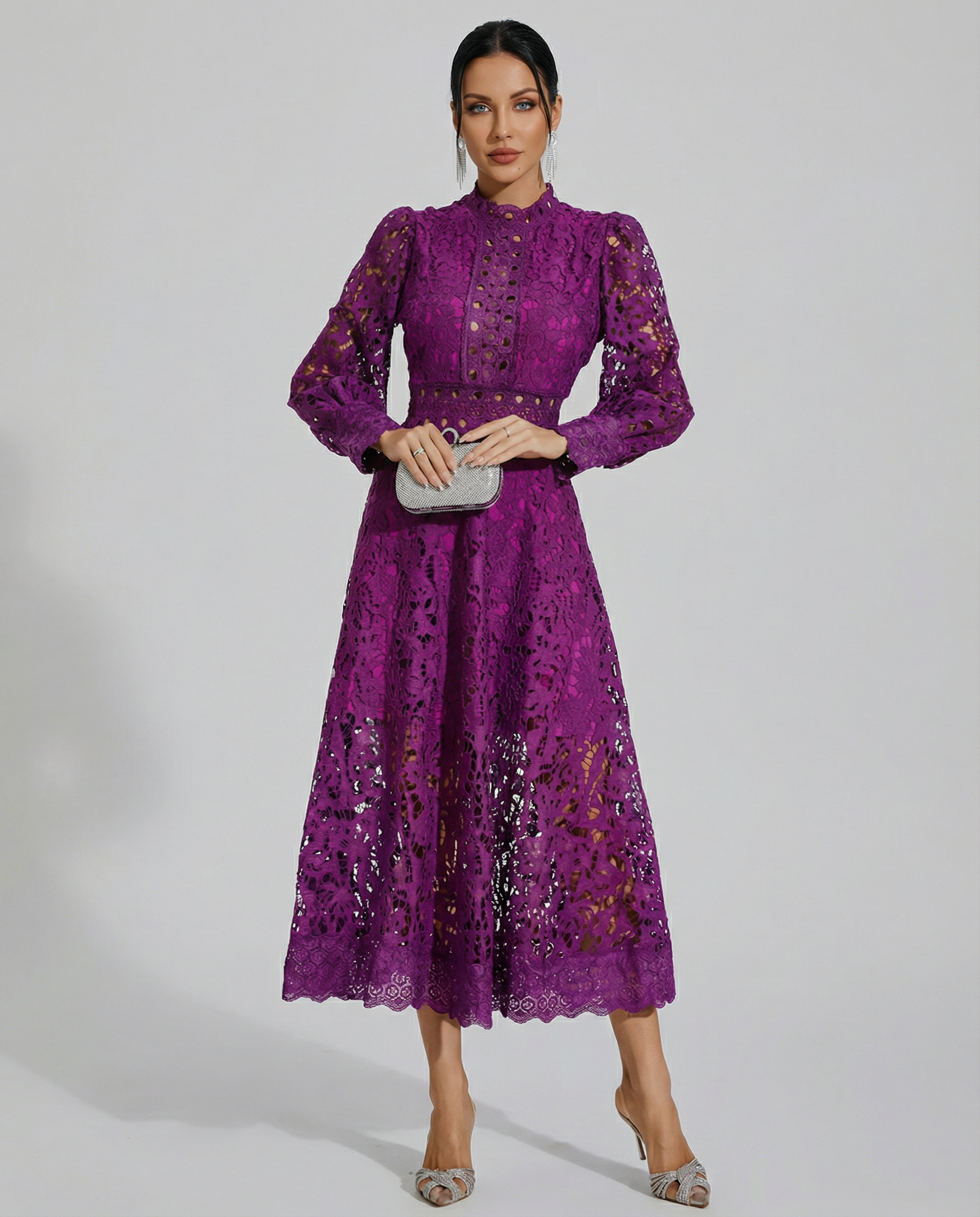Ada Solid Lace High Neck Long Sleeve Midi Dress - Purple