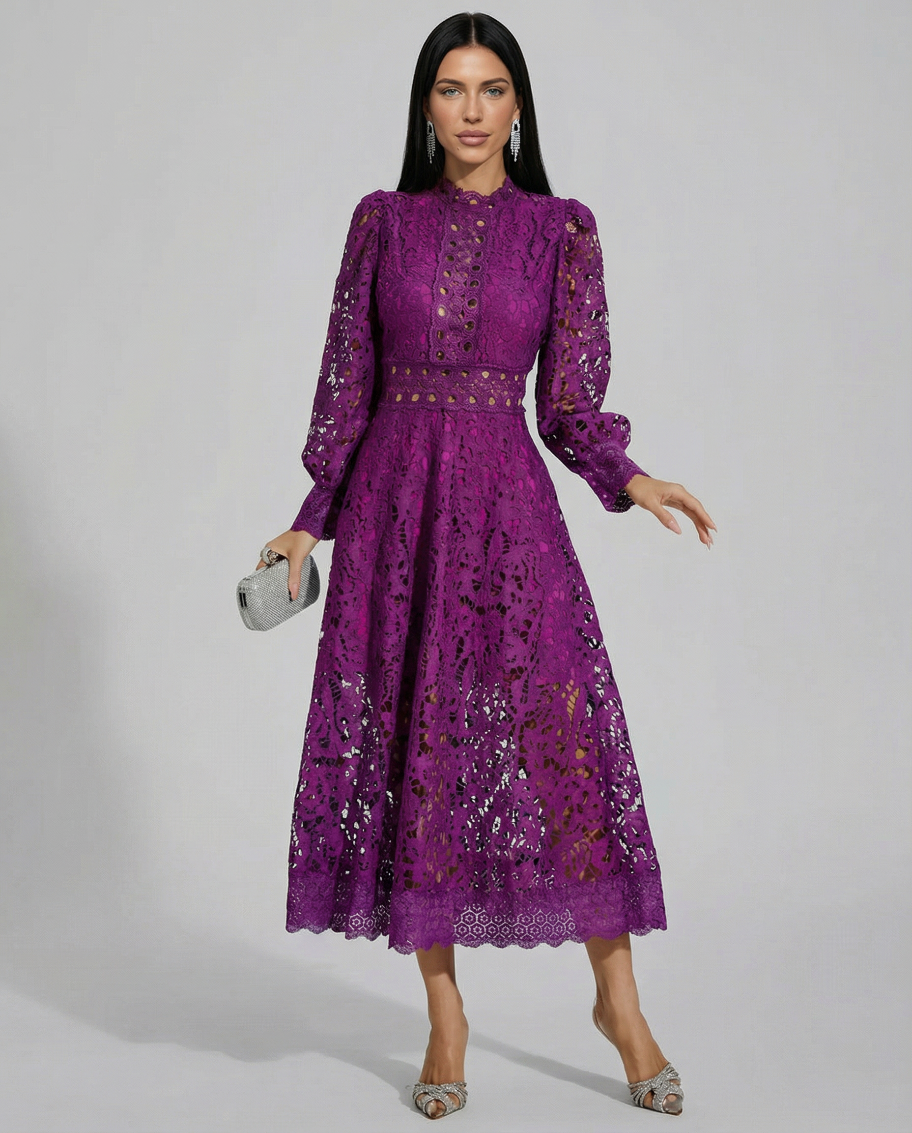 Ada Solid Lace High Neck Long Sleeve Midi Dress - Purple