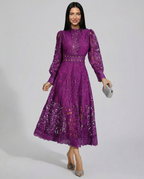 Ada Solid Lace High Neck Long Sleeve Midi Dress - Purple