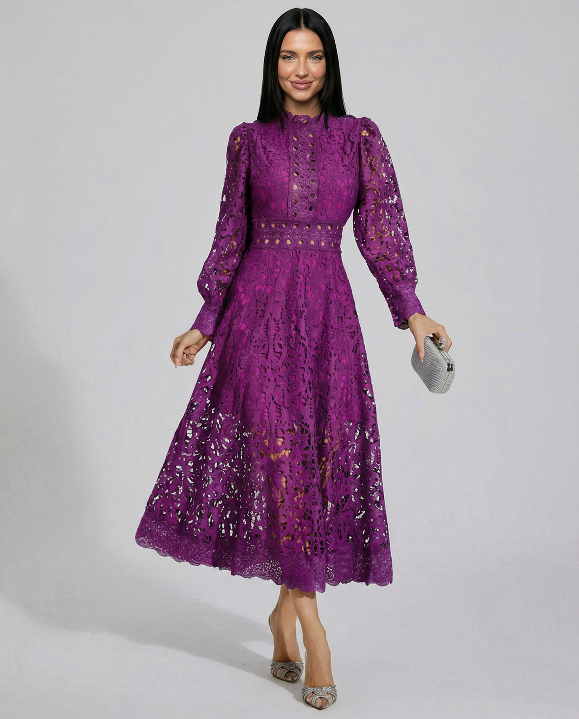 Cocktailkleid mit Stehkragen und ausgestelltem Spitzenrock - Violett