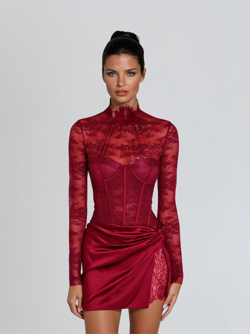 Adeline Red Lace High Neck Bodycon Mini Dress - Red