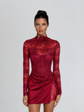 Adeline Red Lace High Neck Bodycon Mini Dress - Red