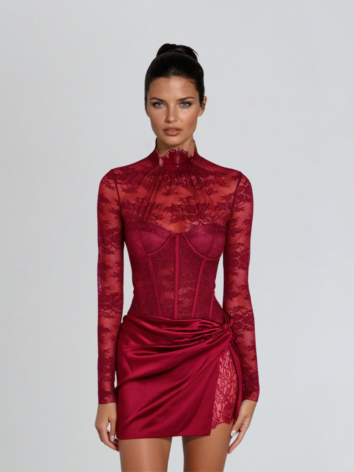 Adeline Red Lace High Neck Bodycon Mini Dress - Red