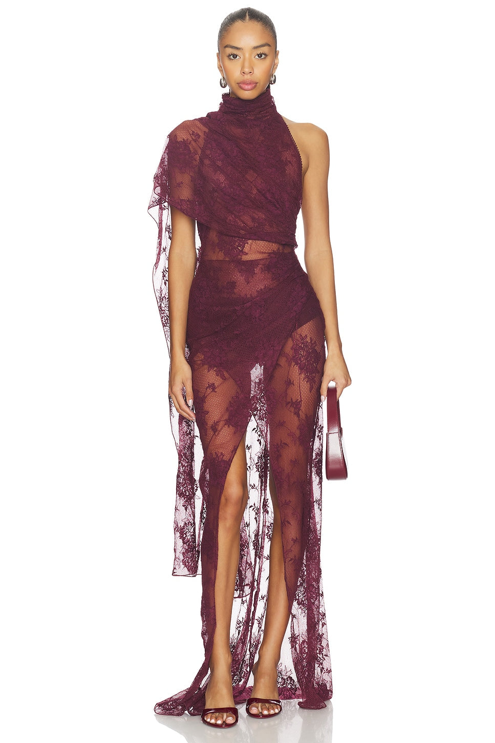 Amara Plum Lace Overlay Draped Asymmetric Maxi Dress - Plum