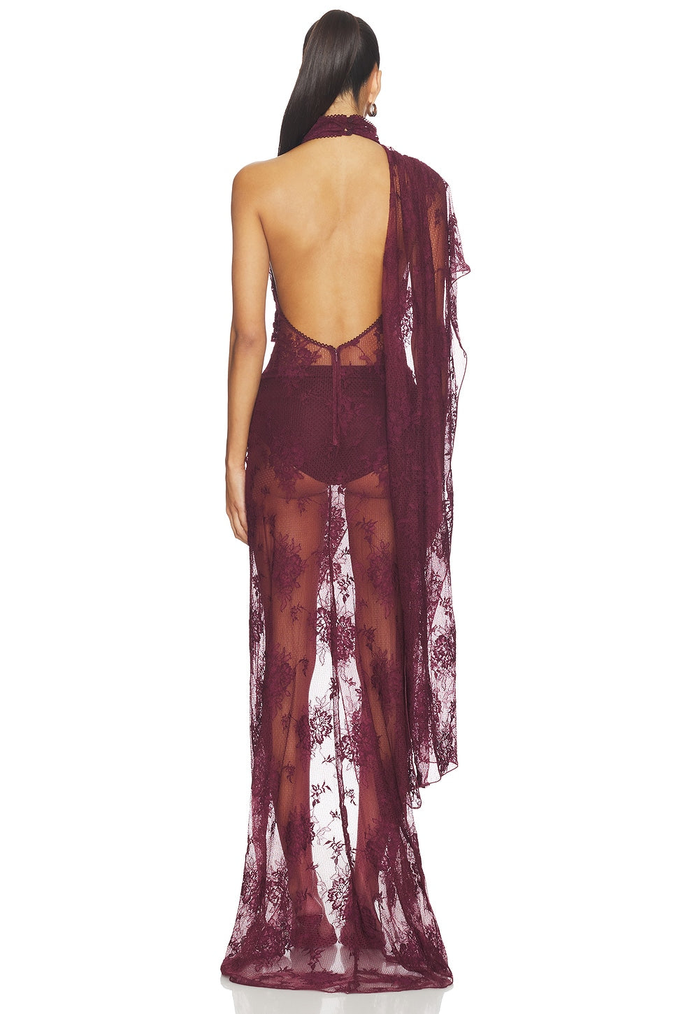 Amara Plum Lace Overlay Draped Asymmetric Maxi Dress - Plum