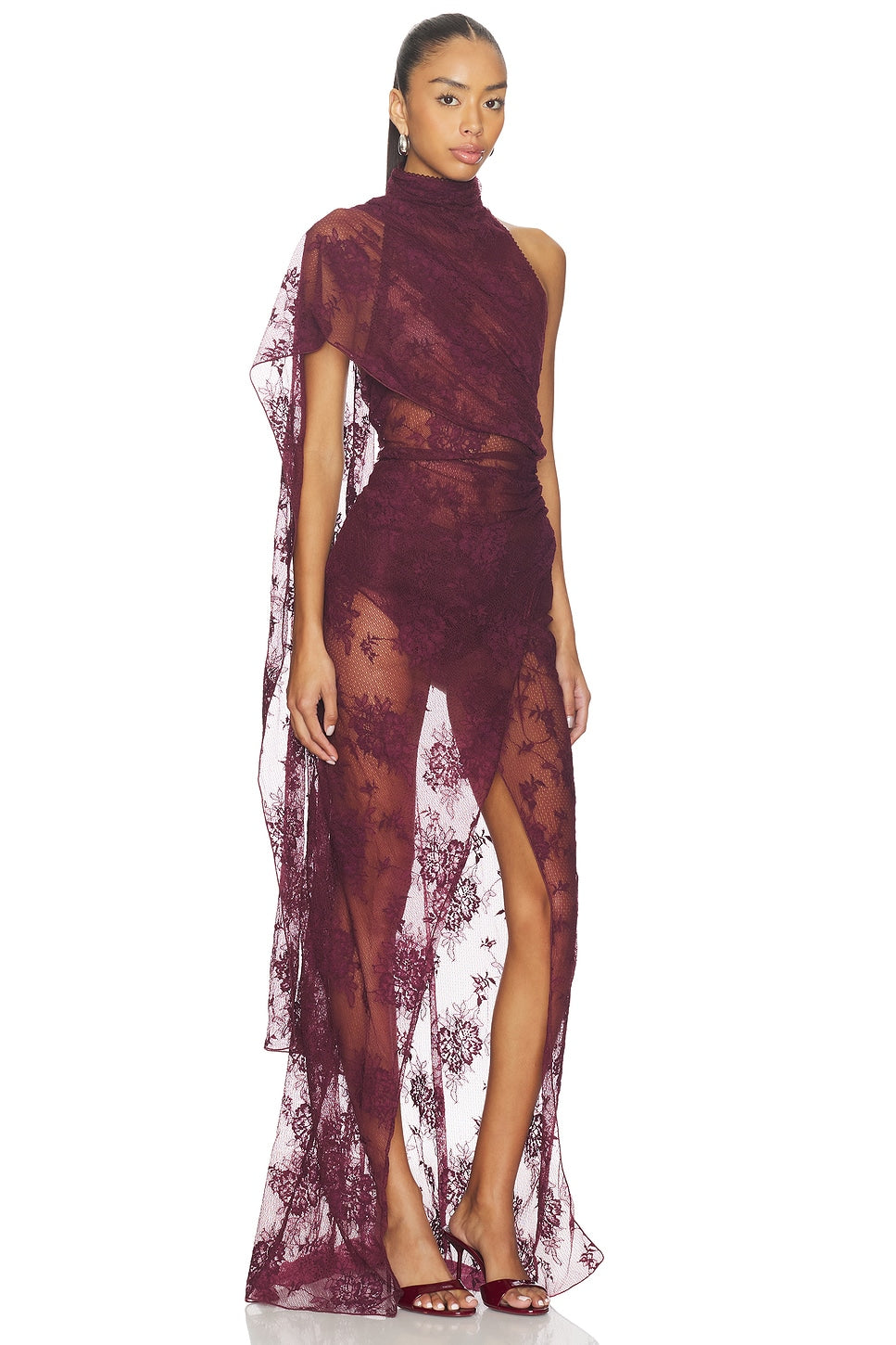 Amara Plum Lace Overlay Draped Asymmetric Maxi Dress - Plum