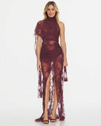 Amara Plum Lace Overlay Draped Asymmetric Maxi Dress - Plum