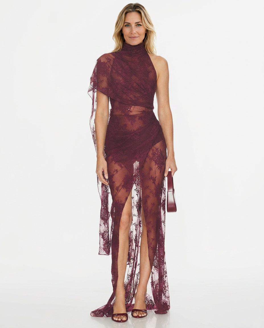 Amara Plum Lace Overlay Draped Asymmetric Maxi Dress - Plum