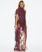 Amara Plum Lace Overlay Draped Asymmetric Maxi Dress - Plum