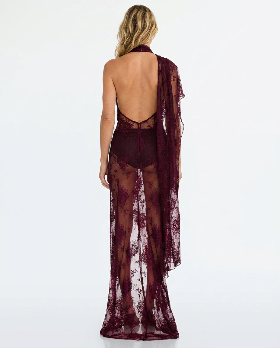 Amara Plum Lace Overlay Draped Asymmetric Maxi Dress - Plum
