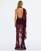 Amara Plum Lace Overlay Draped Asymmetric Maxi Dress - Plum