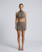 Aubrey Sleeveless Beaded Mesh Mini Two Piece Set - Silver