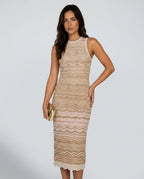 Auryn Sleeveless Striped Metallic Sheen Midi Dress - Beige