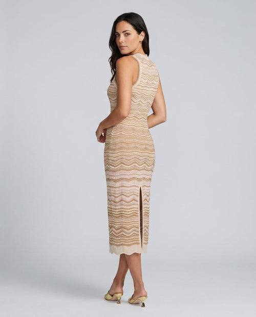 Auryn Sleeveless Striped Metallic Sheen Midi Dress - Beige
