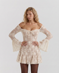 Ava Lace Overlay Long Sleeve Flared Mini Dress - Cream
