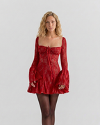 Ava Lace Overlay Long Sleeve Flared Mini Dress - Red