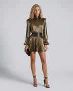 Blair Gold Pleated Metallic Long Sleeve Mini Dress - Gold
