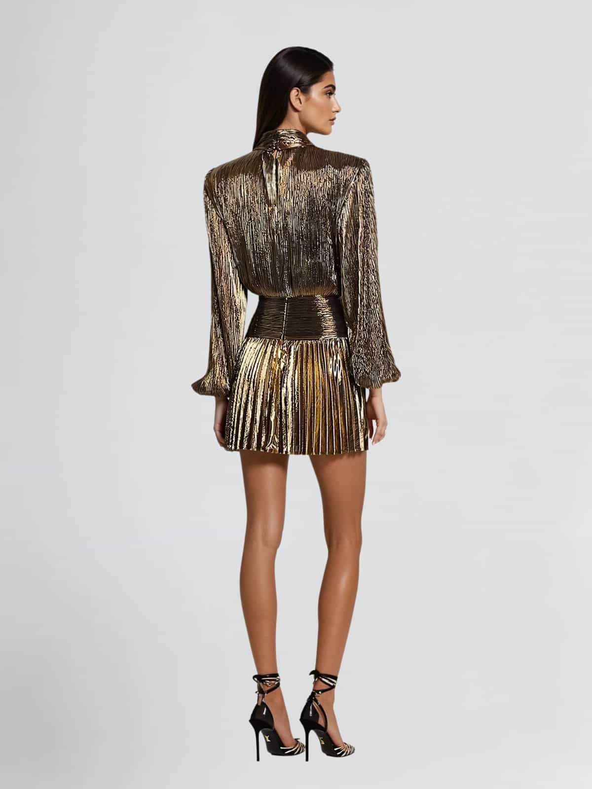 Blair Gold Pleated Metallic Long Sleeve Mini Dress - Gold