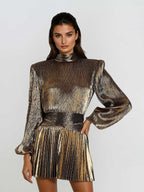 Blair Gold Pleated Metallic Long Sleeve Mini Dress - Gold