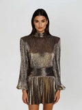 Blair Gold Pleated Metallic Long Sleeve Mini Dress - Gold