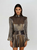 Blair Gold Pleated Metallic Long Sleeve Mini Dress - Gold