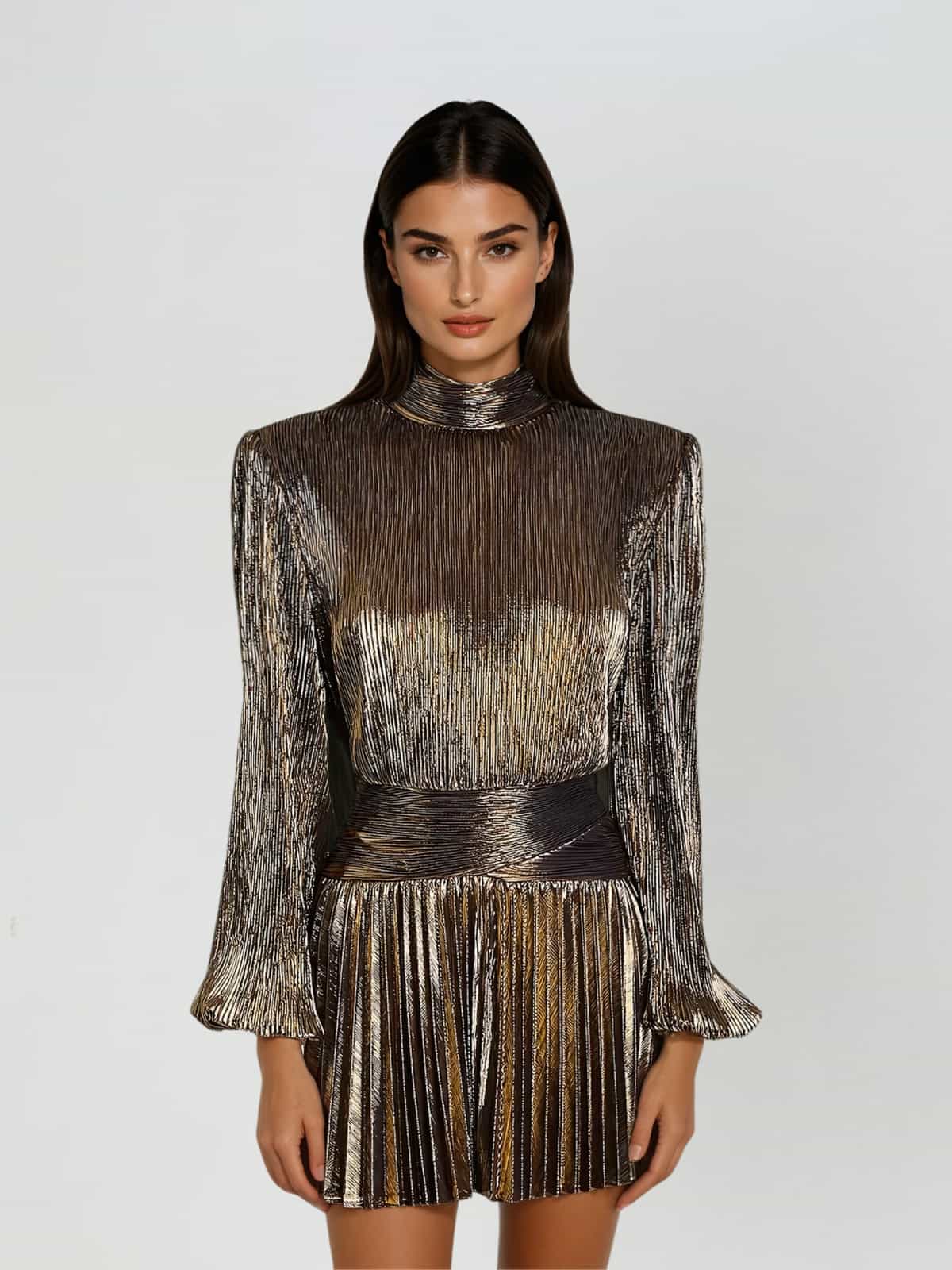 Blair Gold Pleated Metallic Long Sleeve Mini Dress - Gold