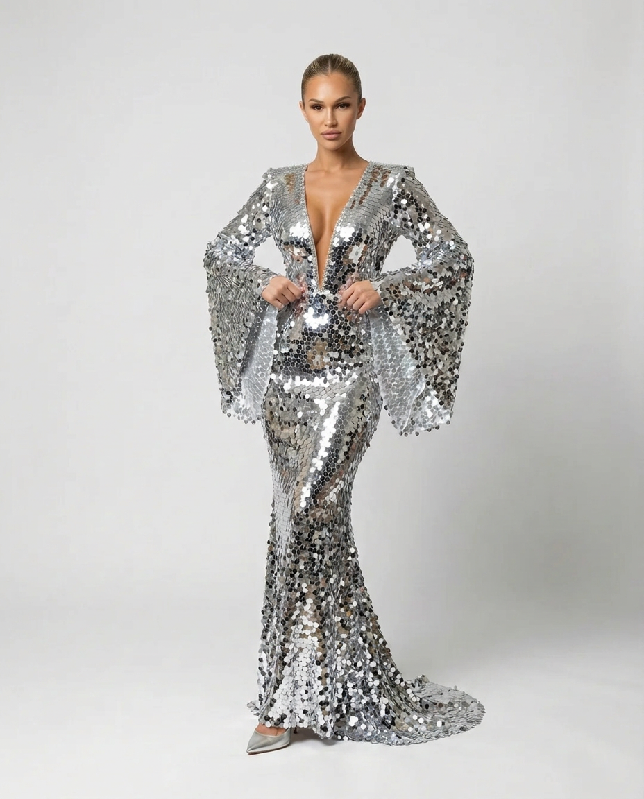 Celeste Silver Sequin Long Sleeve Evening Maxi Dress - Silver