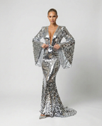 Celeste Silver Sequin Long Sleeve Evening Maxi Dress - Silver