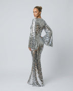 Celeste Silver Sequin Long Sleeve Evening Maxi Dress - Silver