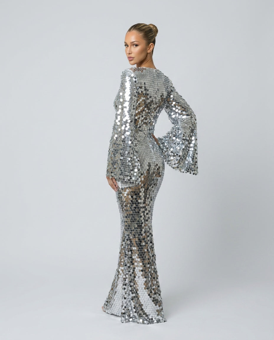 Celeste Silver Sequin Long Sleeve Evening Maxi Dress - Silver