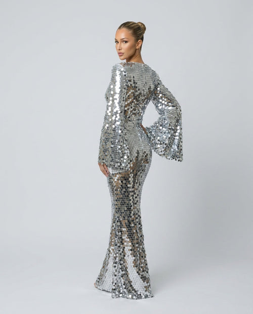Celeste Silver Sequin Long Sleeve Evening Maxi Dress - Silver