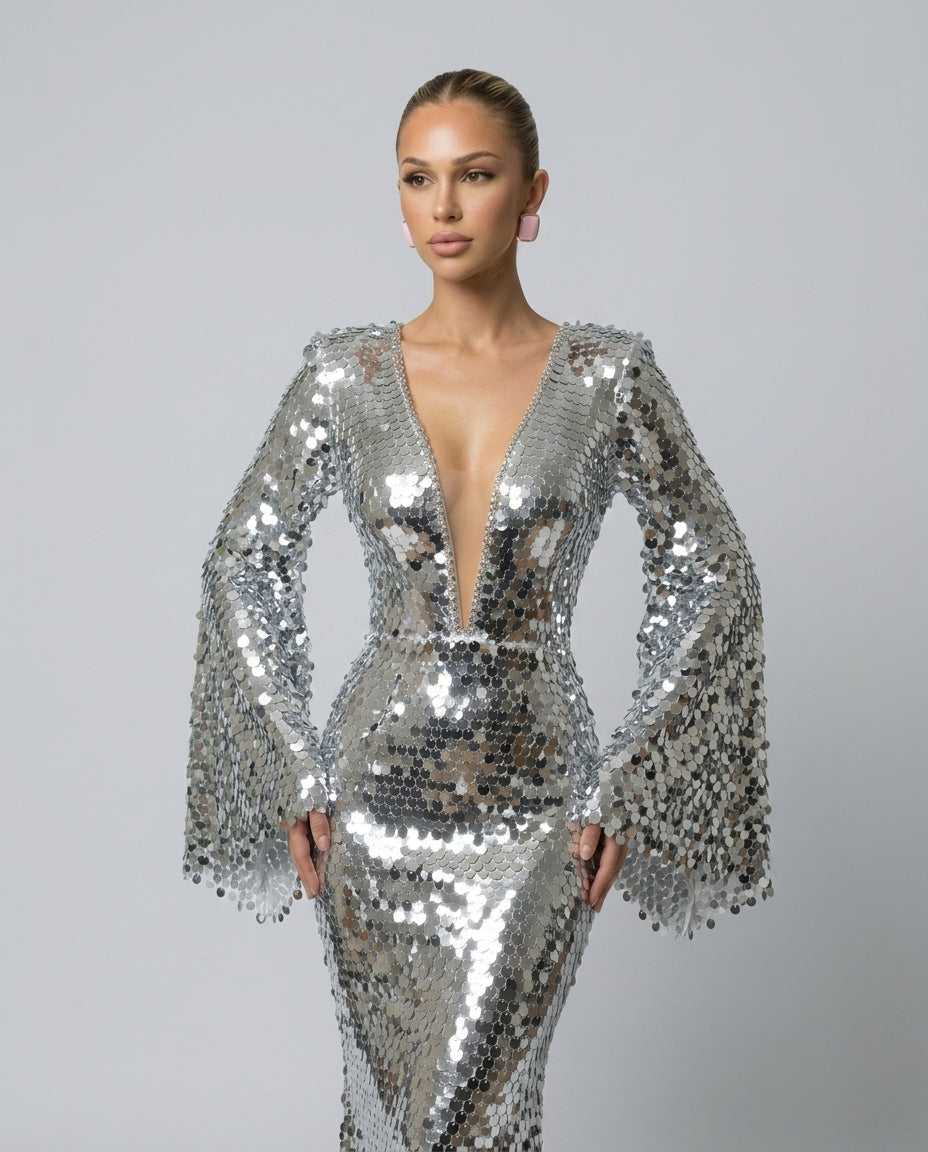 Celeste Silver Sequin Long Sleeve Evening Maxi Dress - Silver