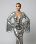 Celeste Silver Sequin Long Sleeve Evening Maxi Dress - Silver