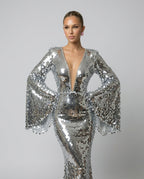 Celeste Silver Sequin Long Sleeve Evening Maxi Dress - Silver