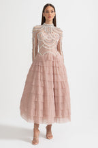 Celestine Pink Beaded Tulle Tiered Midi Dress - Pink
