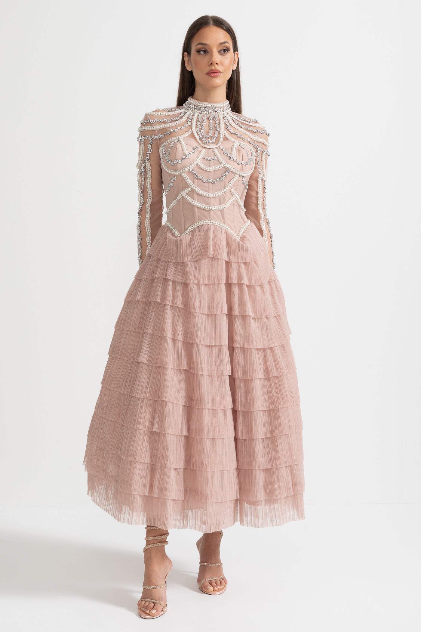 Celestine Pink Beaded Tulle Tiered Midi Dress - Pink