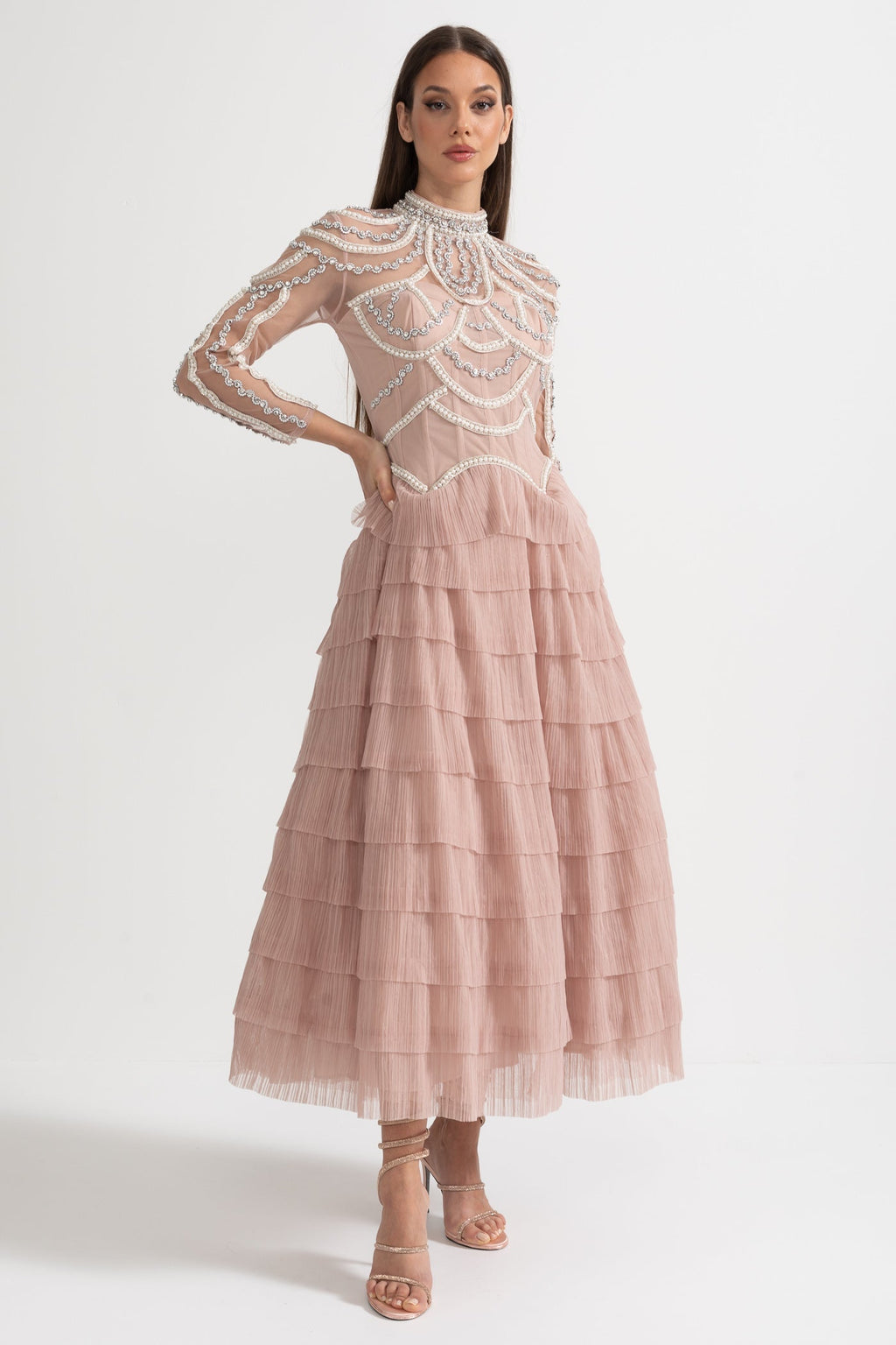 Celestine Pink Beaded Tulle Tiered Midi Dress - Pink