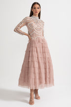 Celestine Pink Beaded Tulle Tiered Midi Dress - Pink