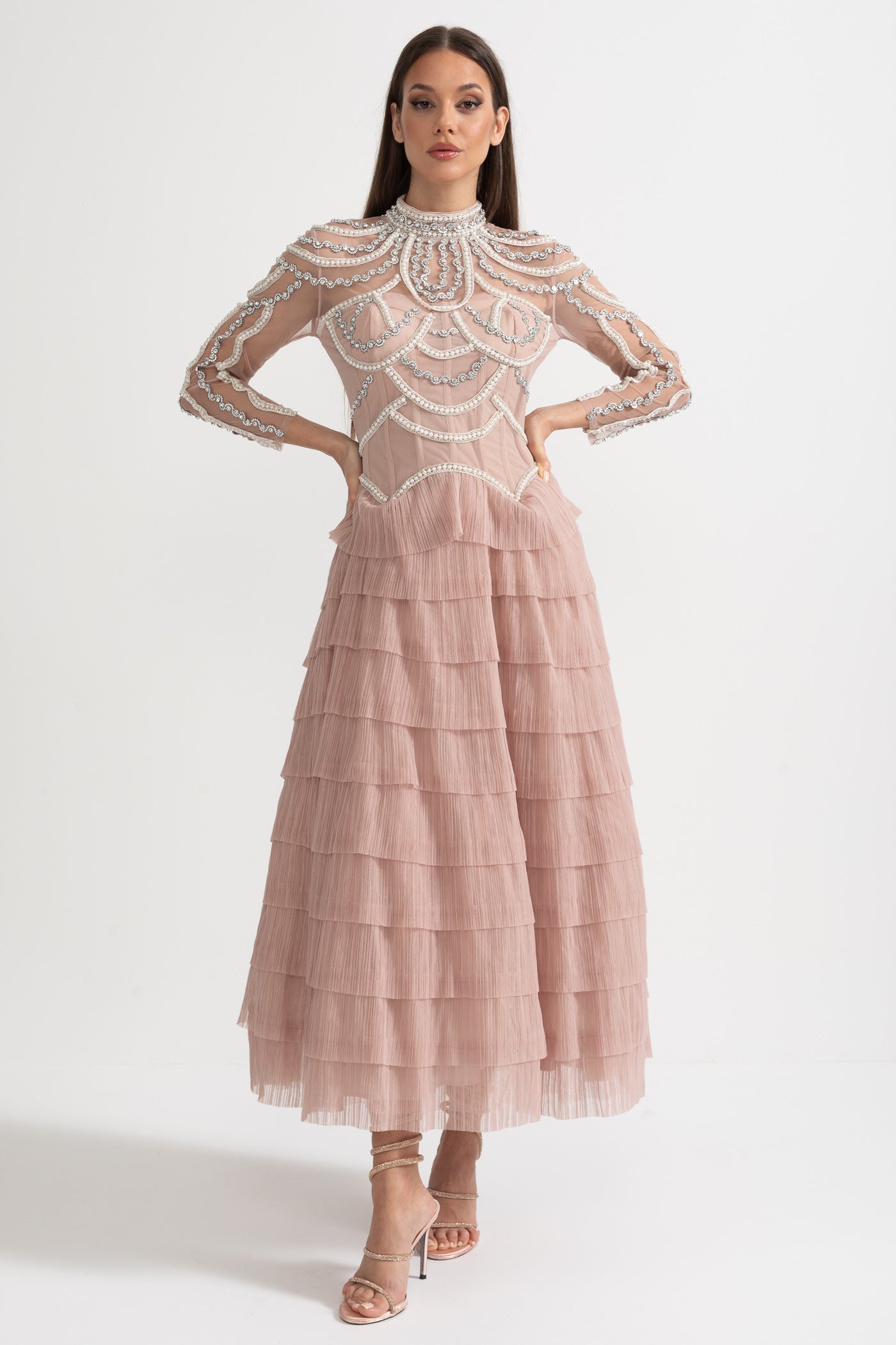 Celestine Pink Beaded Tulle Tiered Midi Dress - Pink