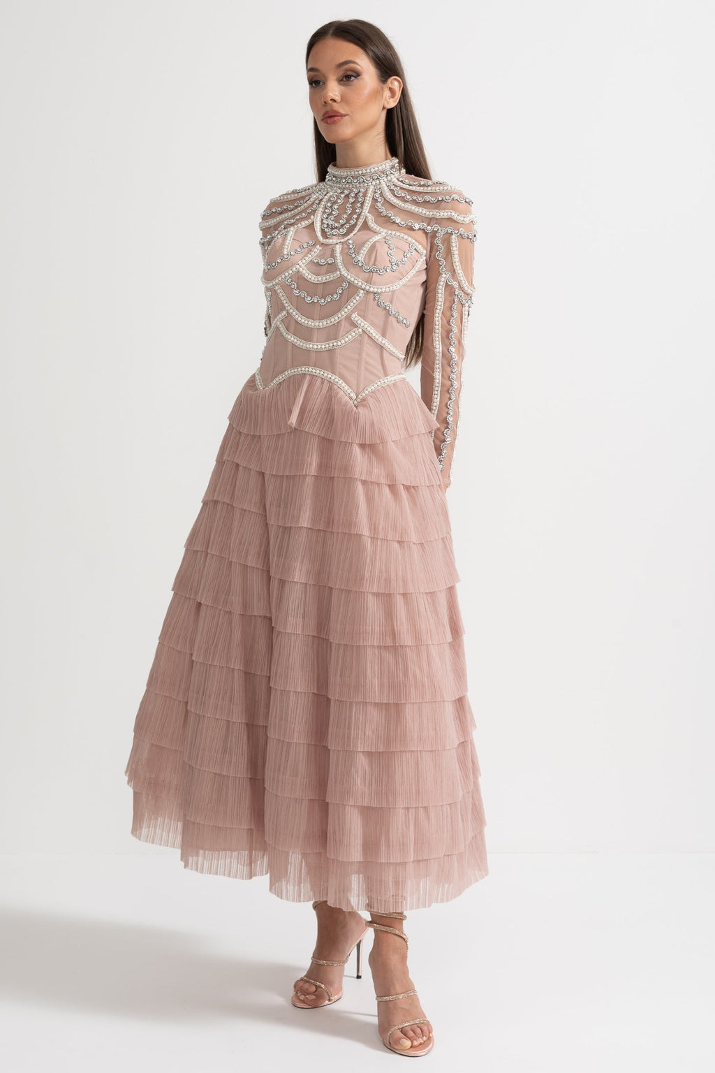 Celestine Pink Beaded Tulle Tiered Midi Dress - Pink
