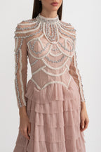 Celestine Pink Beaded Tulle Tiered Midi Dress - Pink