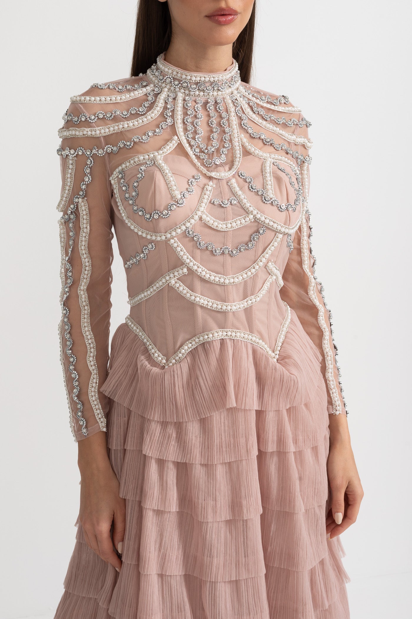 Celestine Pink Beaded Tulle Tiered Midi Dress - Pink