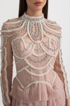 Celestine Pink Beaded Tulle Tiered Midi Dress - Pink